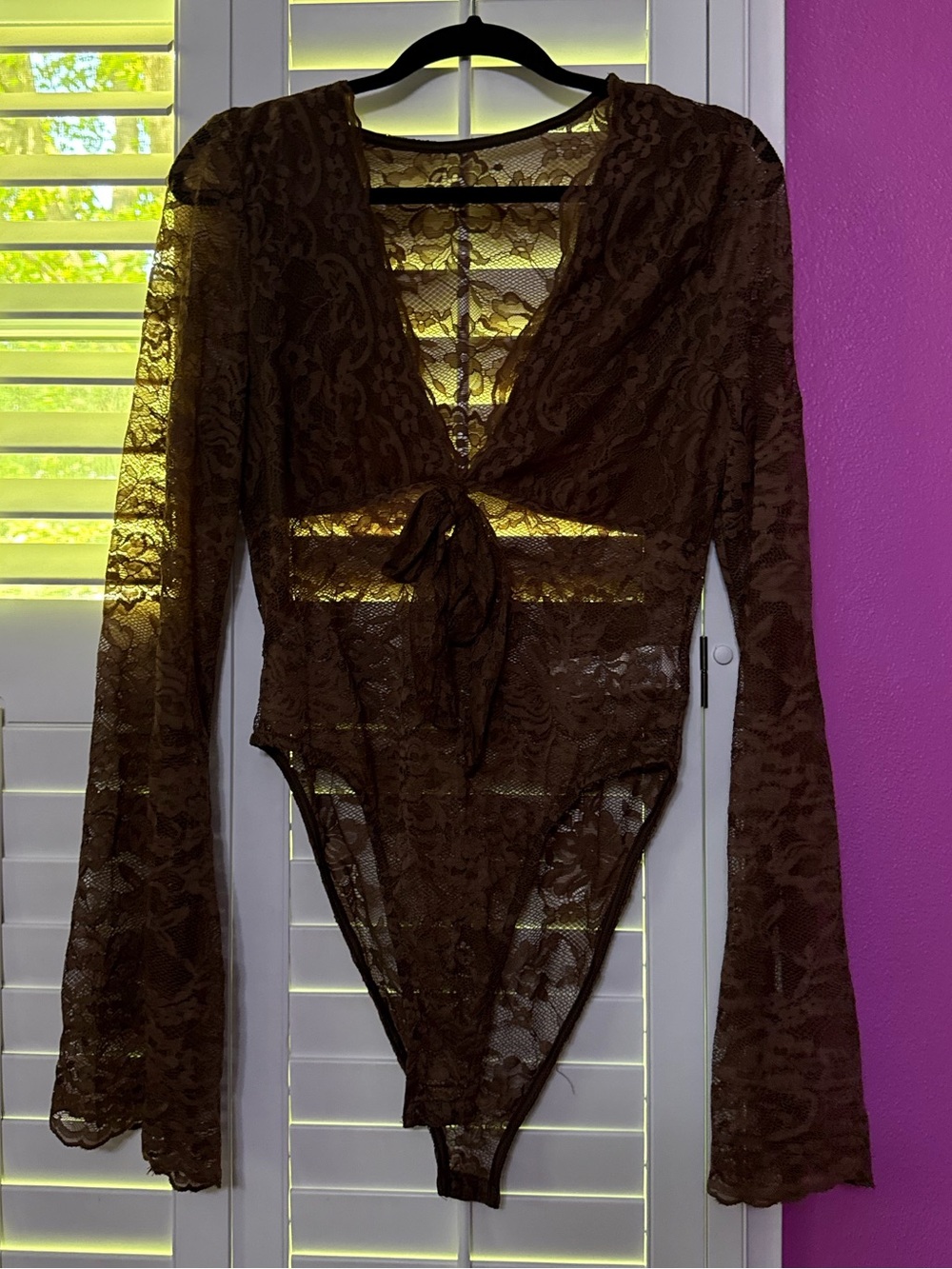 Brown Lace Long-Sleeve Tie-Front Bodysuit - Women Tops